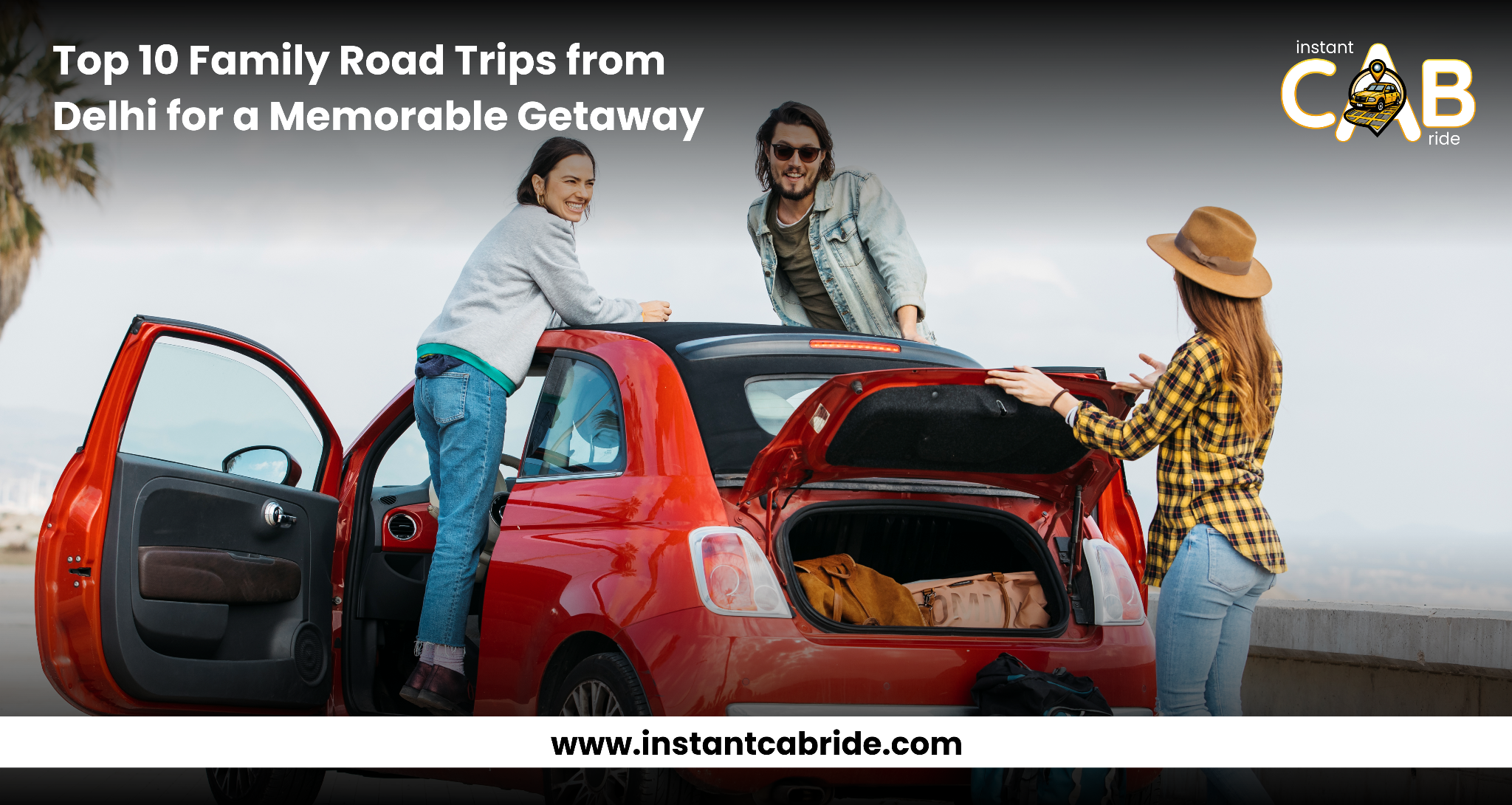 Three friends loading luggage into a red car, ready for a road trip from Delhi with scenic view in background