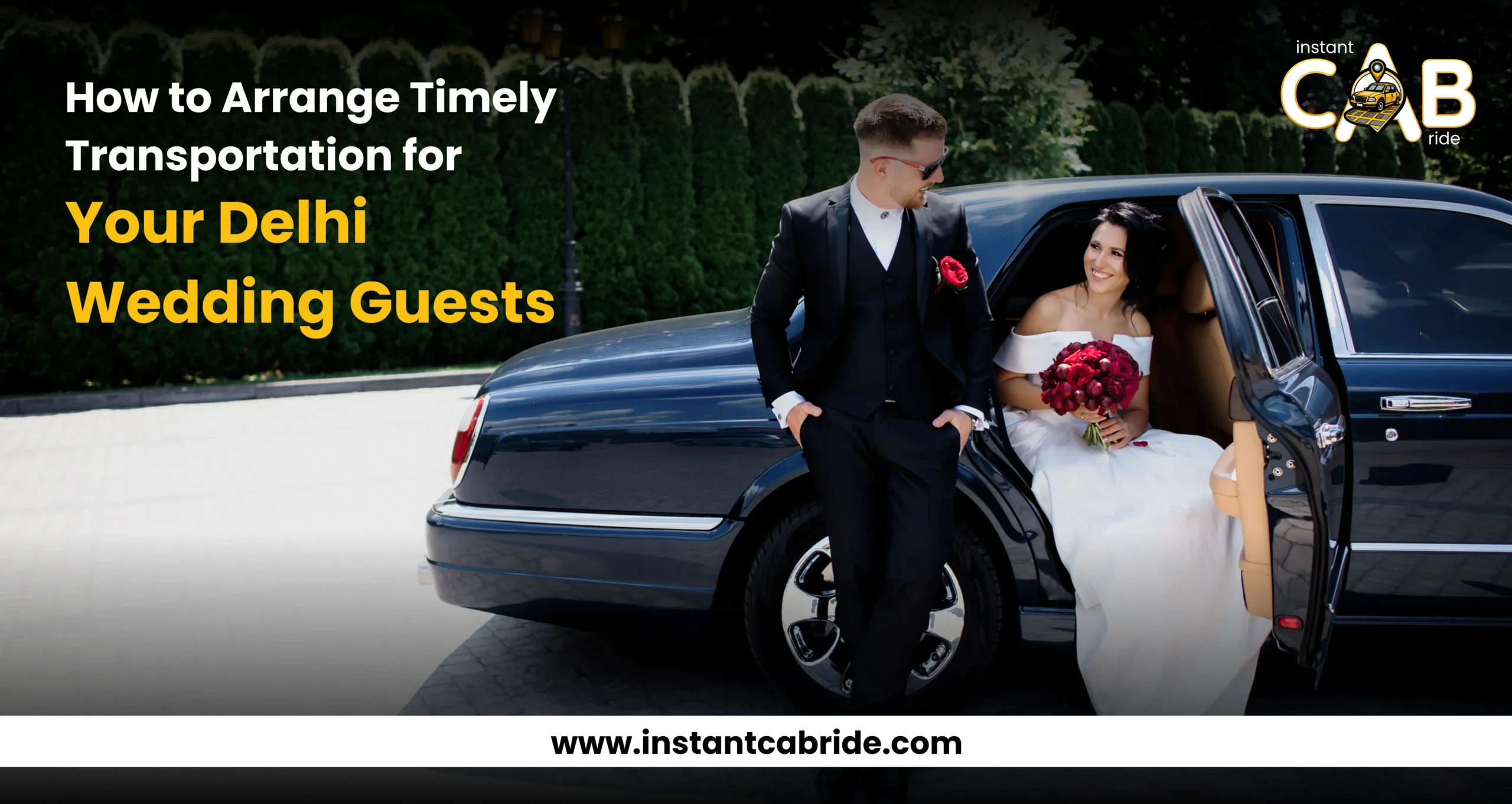 Bride sitting in luxury car with groom standing nearby, representing wedding guest transportation in Delhi